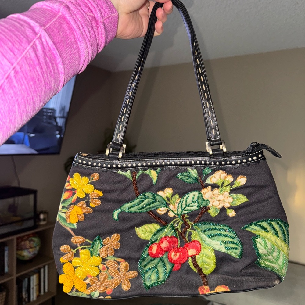 1997 Vintage Isabella Fiore Beaded bag Floral Embroidered Black Handbag  EUC
